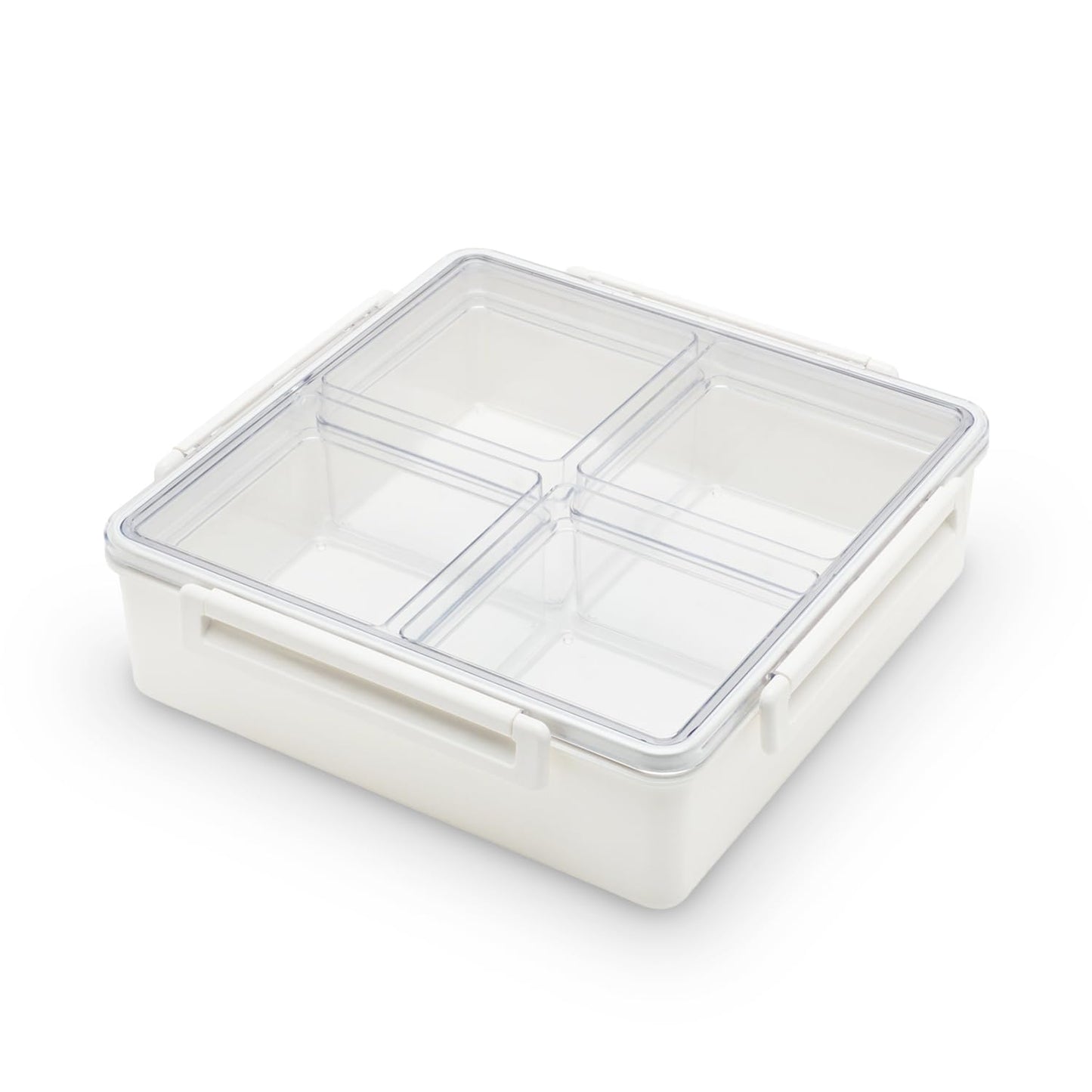 Lustroware Gourmet Palette Airtight 4-Compartment Square Serving Tray with Lid – Portable Snackle Platter & Charcuterie Organizer Box with Removable Dividers for Fruit, Vegetables, Snacks, Appetizers