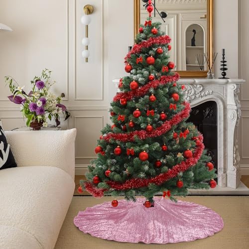 Poise3EHome Fuchsia Pink Christmas Tree Skirt, 70 Inch Sequin Tree Skirt