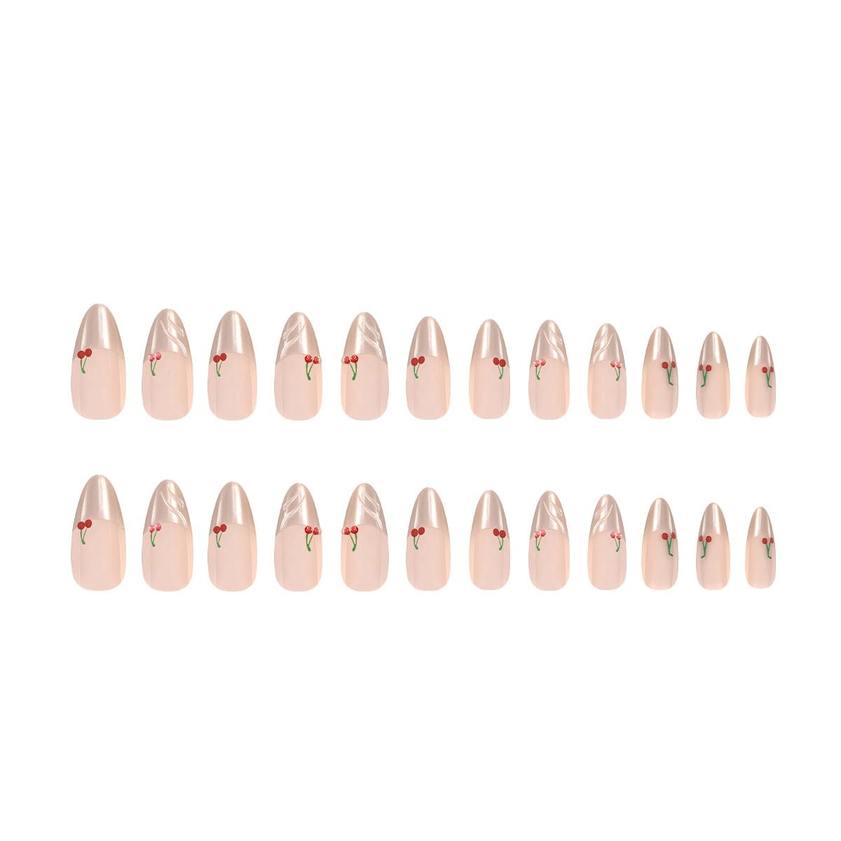 24Pcs Almond Press on Nails Short Fake Nails White French Tip Glue on Nails Full Cover Spring Stick on Nails with Cute Cherry Design Reusable Nude Pink Acrylic Nails Glossy False Nails for Women