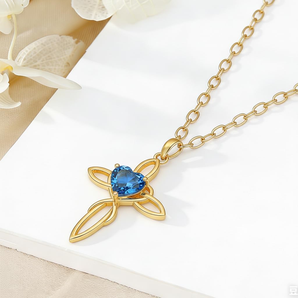 POIUY Celtic Knot Cross Birthstone Necklace for Women 14K Gold Irish Infinity Heart Pendant Cross Jewelry Anniversary Baptism Faith Valentines Birthday Mothers Day Gifts for Mom Wife Her