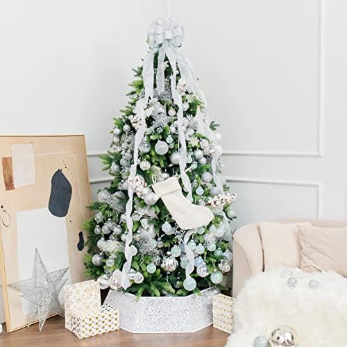 XmasExp Christmas Tree Collar, 33.5 inch Sequin Tree Skirt Stand Base Cover for Home Decor, Large Size 6 Piece, White