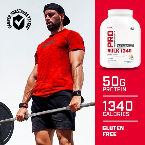 GNC Pro Performance Bulk 1340 Mass Gainer Protein Powder, 50g, Gluten Free, Whey, Creatine, BCAA, 3rd Party Tested, Muscle Recovery & Growth, Micronutrients, Vanilla Ice Cream, 15 Servings