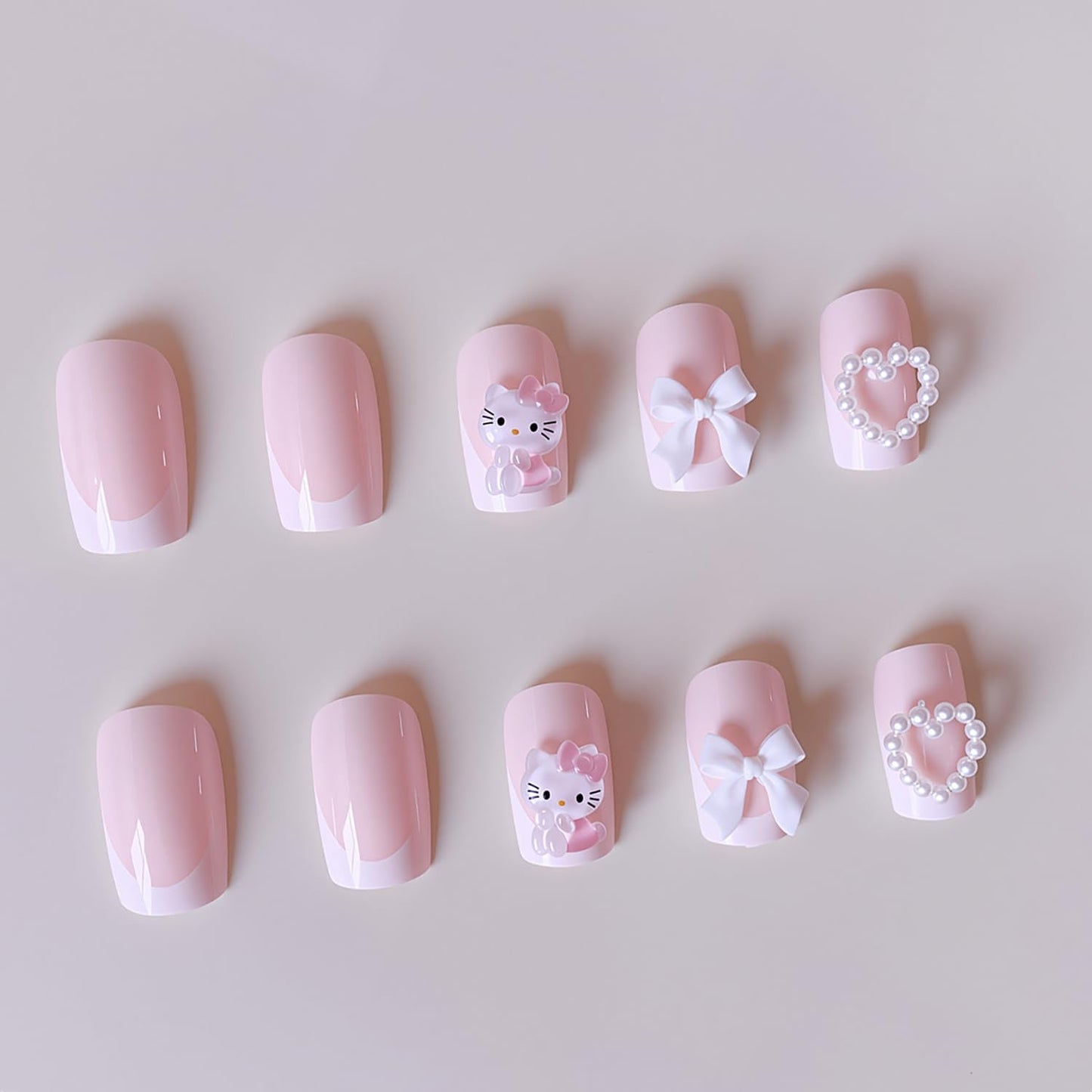 24Pcs White French Tip Press on Nails Short Square Fake Nails with Pearl Heart Designs Reusable Cartoon False Nails 3D Bow Acrylic Nail Cute Full Cover Glue on Nails for Women