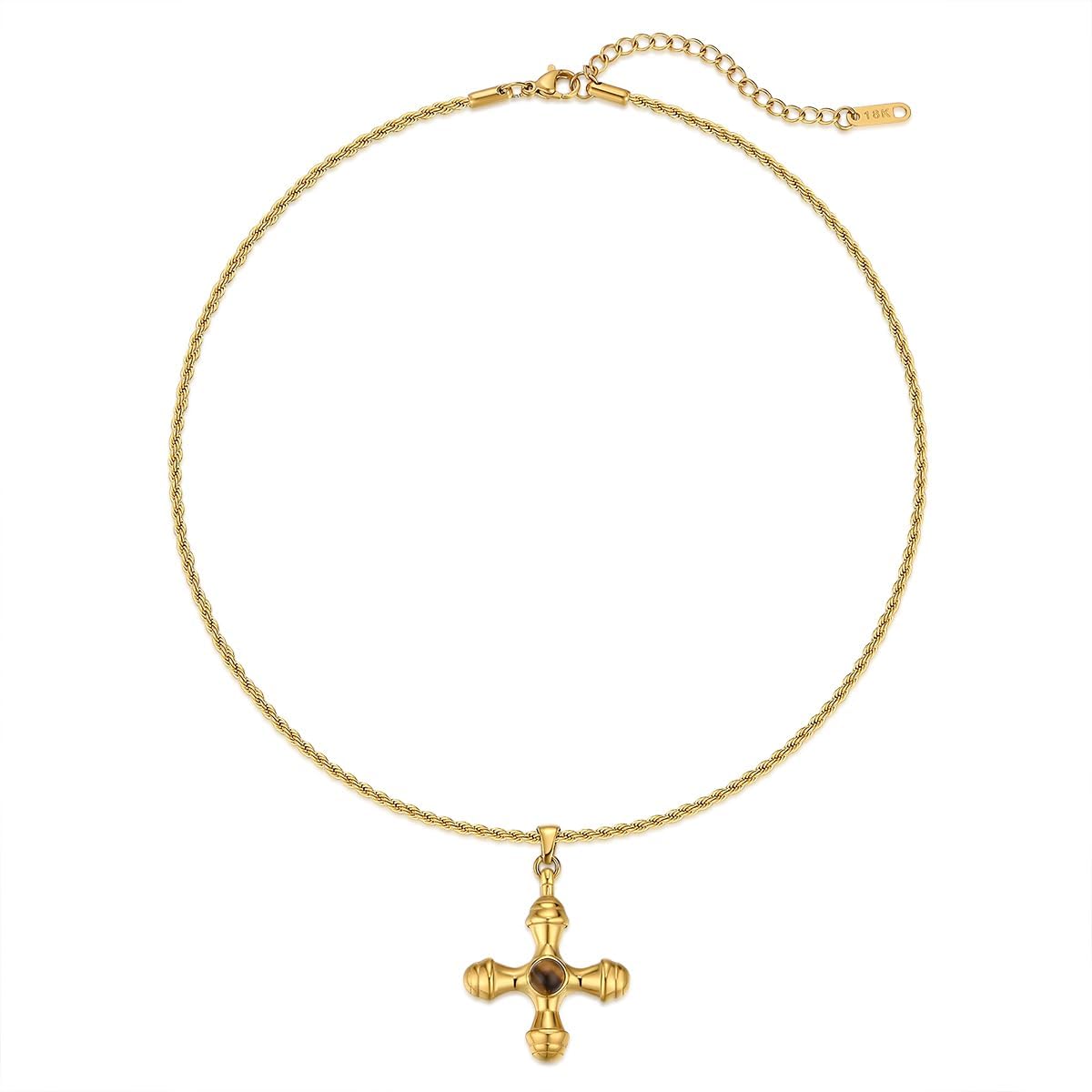 NUZON Cross Necklace for Women 18K Gold Plated Stainless Steel Healing Tiger Eye Gemstone Cross Pendant Necklace Chunky Layering Jewelry Twisted Chain 19.7’’