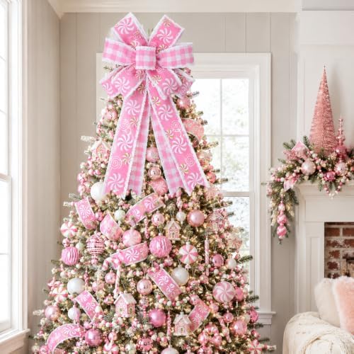 2 Pack Large Pink Christmas Bows for Wreath, 20 x 11 Inch Pre-Tied Wired Ribbon Bows, Candy Theme Tree Topper Bow for Front Door, Garland, Fireplace, Indoor Outdoor Holiday Decorations (Pink)