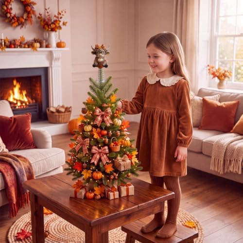 Gejoy Fall Highland Cow Miniature Topper 5.1 Inches Autumn Mini Tree Topper