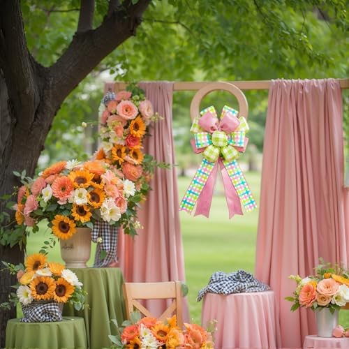 2 Pack Spring Plaid Wreath Bows, 20.8 Inch Pink Green Easter Bows