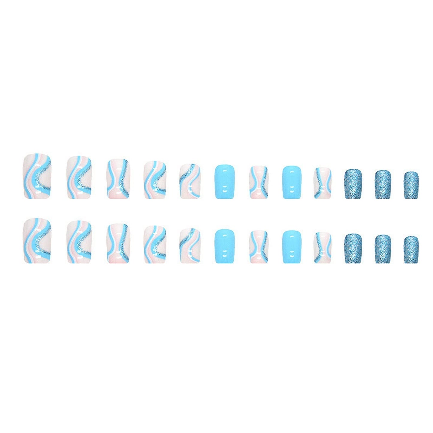 MISUD Press on Nails - Short Square Fake Nails with Summer Blue Swirl, Acrylic Bling Glitter Design 24 pcs