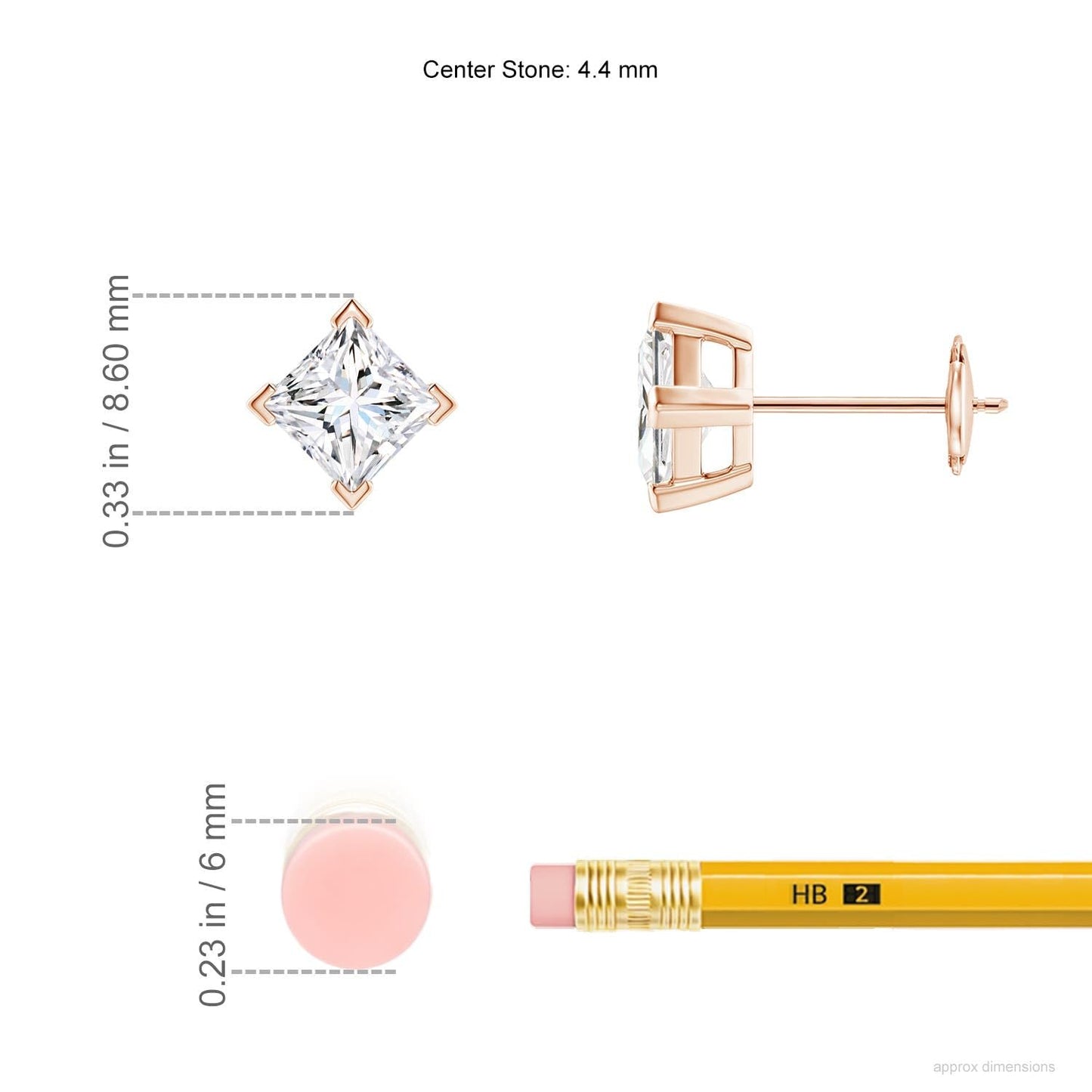 Princess-Cut Lab-Grown Diamond Stud Earrings V-Prong Set 14K Solid Gold (1 carat, 4.4mm, Color-H, Clarity-SI2)