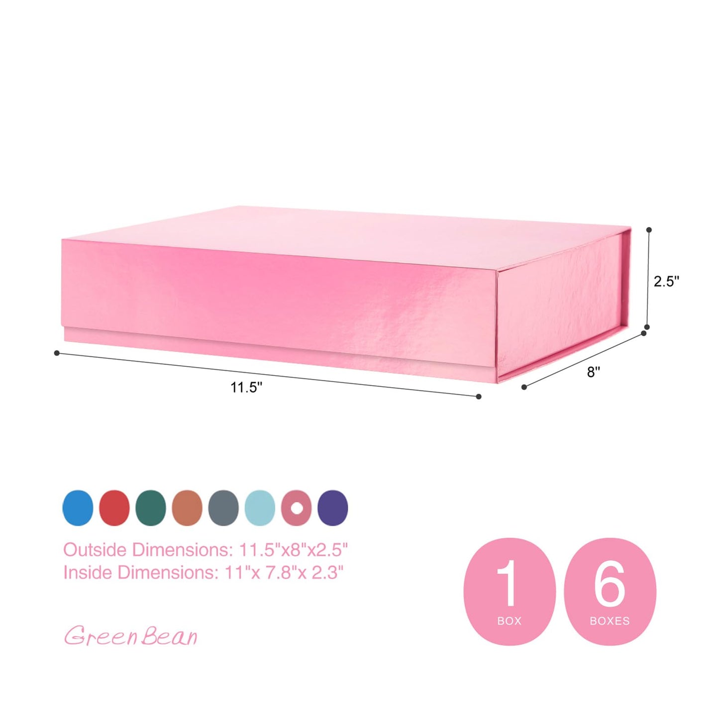 GREEN BEAN 6 Gift Boxes 11x7.8x2.3 Inches, Pink Gift Boxes with Lids for Presents, Magnetic Shirt Gift Boxes for Clothes (Glossy Metallic Pink, Polka Dot Design Inside)