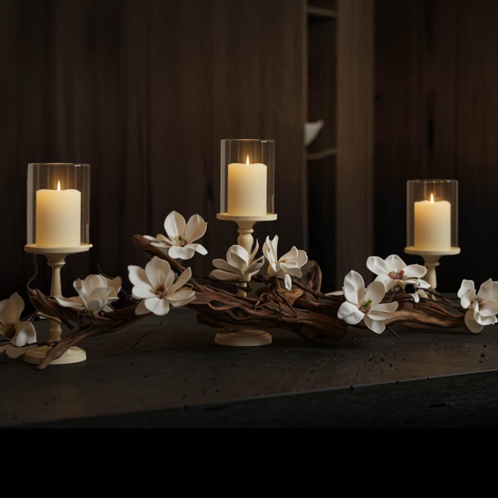 Magnolia Vine Driftwood FarmhouseTable Centerpiece - 3pc Candle Holder Set - Floral Table Decor for Dining Room, Living Room, Mantle & Weddings (Ivory)
