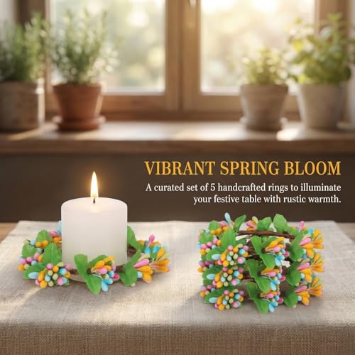 MAGICLULU Easter Candle Rings, 5pcs Artificial Berry Floral Spring Wreaths Decor for Votive Tea Lights, Table Centerpiece, Home Door Window Festival Decoration