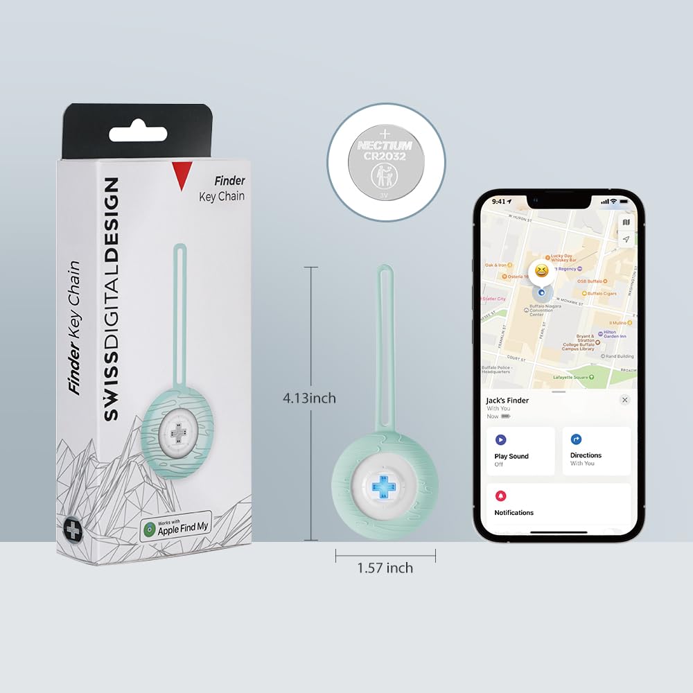 Swissdigital Design Bluetooth Locator Keychain | 4 Pack| - Works with Apple Find My - Sound and Light Notification for Luggage, Keys and Personal Items - Glacier Green (SD9507FP4)