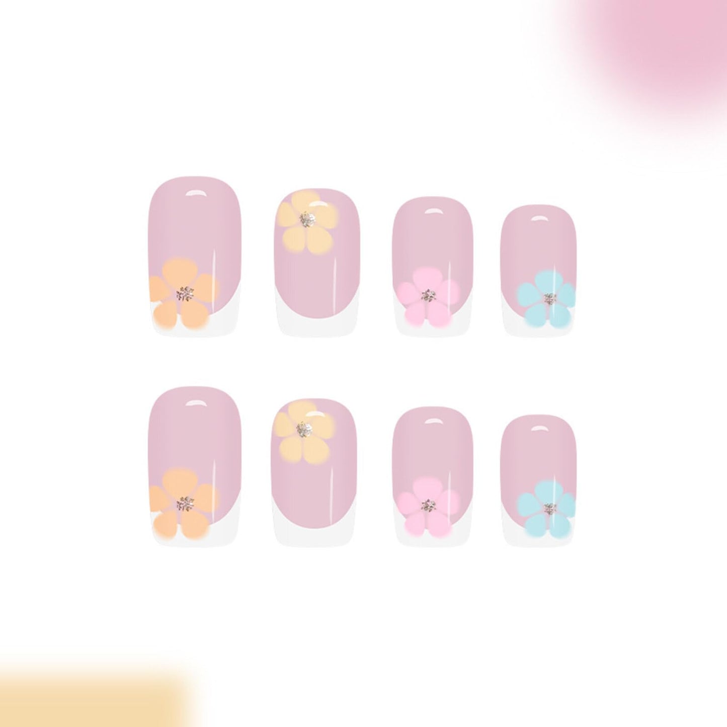 Short Square Press on Nails Light Pink Gradient Base White Edge Trims Colorful Small Flower Pink Green Drill Surface Fresh Sweet Manicure Artificial Nails Suitable for Chic Shiny 24 Pcs