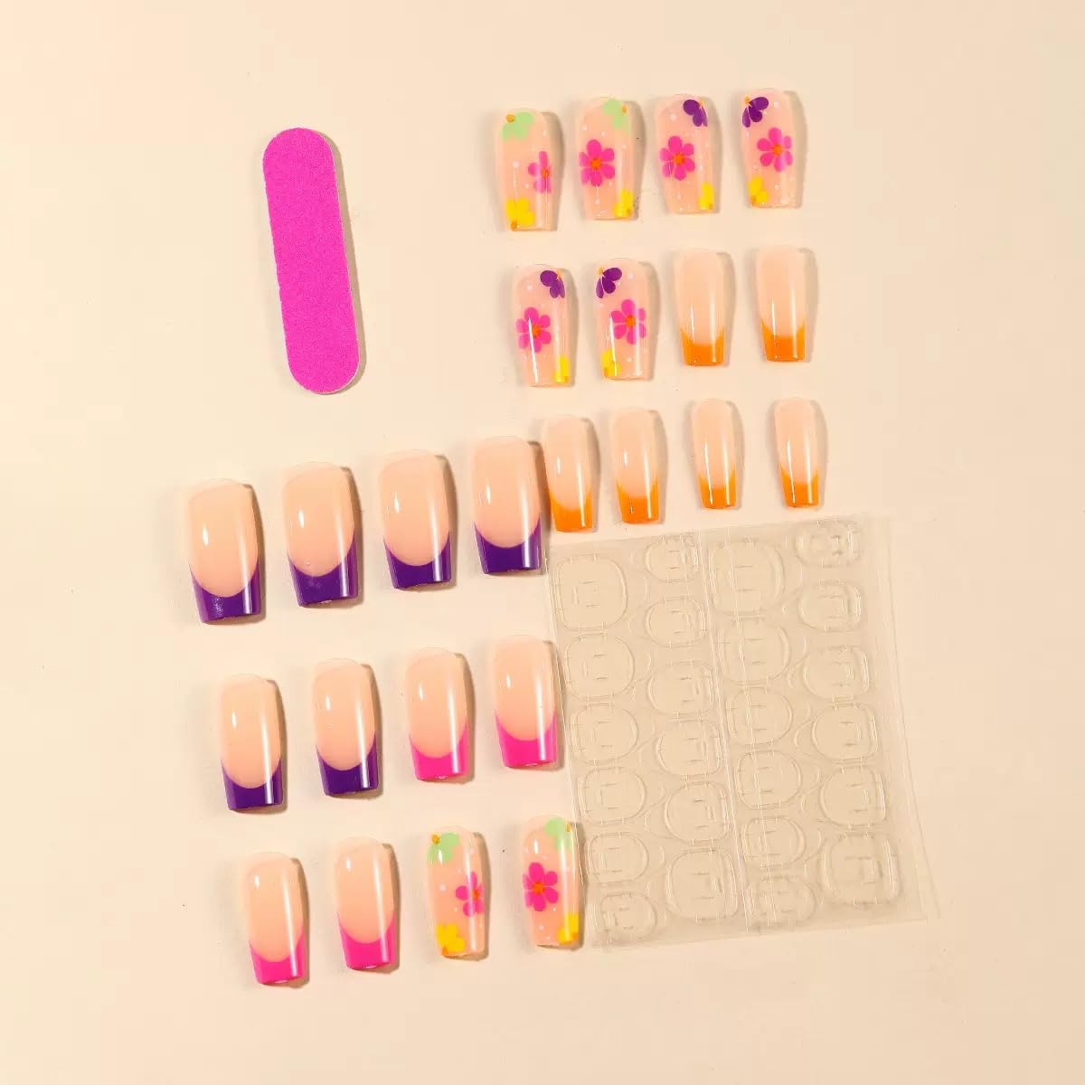 CTTHNBD Long Press on Nails Square - French Tip Fake Nails with Colorful Flower Design - Glossy Full Cover Stick on False Nails for Women - 24 Pcs