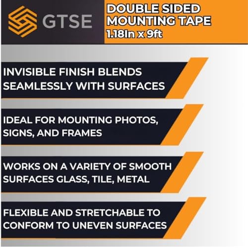 GTSE Double Sided Mounting Tape - Heavy Duty Adhesive 1.18in x 9ft Clear Nano Tape for Picture Hanging, Removable Sticky Pads, Posters, Wall Décor, Carpets, DIY Projects – Strong & Versatile Solution