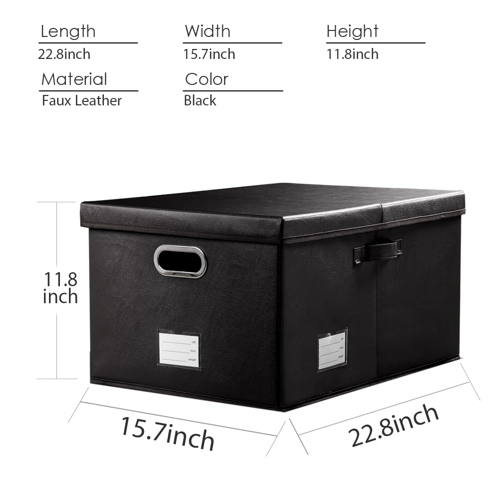 PRANDOM Collapsible Storage Box with Lid [3-Pack] Leather Fabric Foldable Storage Bin Organizer Container Basket Cube with Cover for Home Bedroom Closet Office Nursery Black(22.8X15.7X11.8)