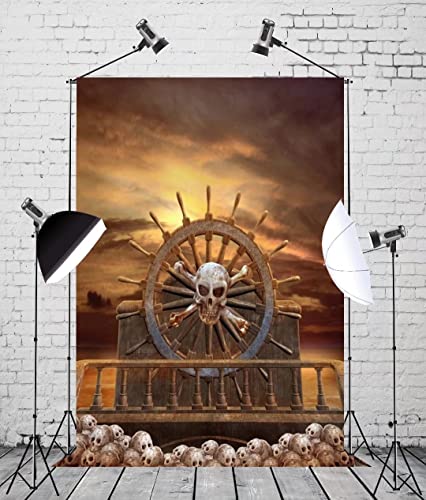 BELECO 6x9ft Fabric Pirate Backdrop - Halloween Decorations with Steering Wheel, Skulls, Gloomy Sky - Photography Background & Party Event Decorations - size: 6x9FT