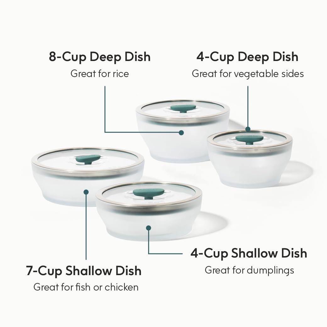 Anyday 8-Pc Microwave Cookware & Glass Food Storage Set with Glass Lids | Plastic-Free Containers | Stackable Airtight Steamer with Vented Lid for Microwave-Safe Reheating & Steaming Vegetables, Rice