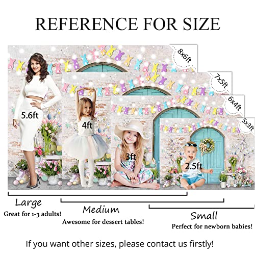 Mocsicka Easter Backdrop Blue Wooden Door with Brick Wall Bunny Rabbit Spring Photography Background Easter Day Party Decorations Photo Studio Props - size: 7x5ft (82x60 inch)