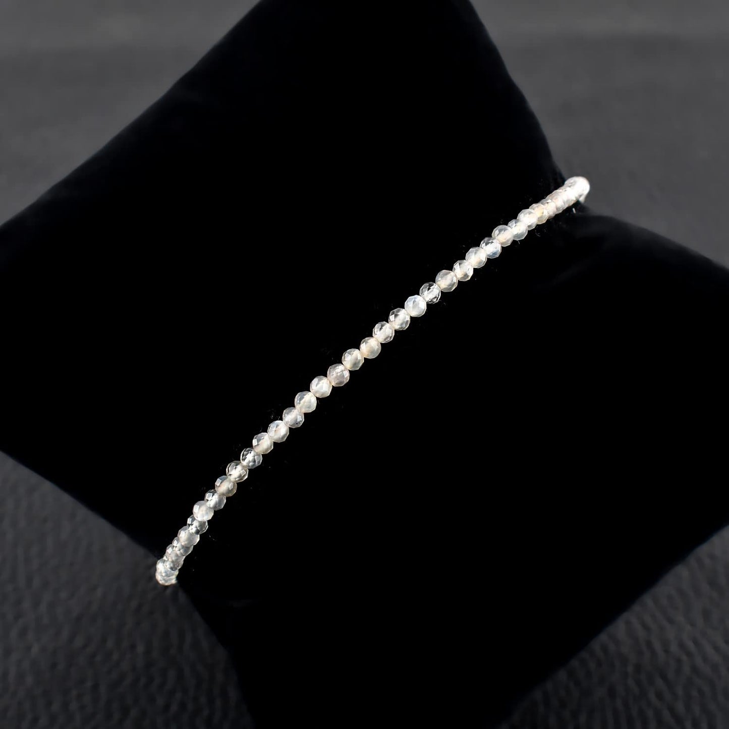 QNAVIC Grey Moonstone Micro Beads Dainty Bracelet for Women, Natural Gemstone Jewelry, Healing Chakra Crystals June Birthstone Gift for Her, Silver Plated Chain 8 inch