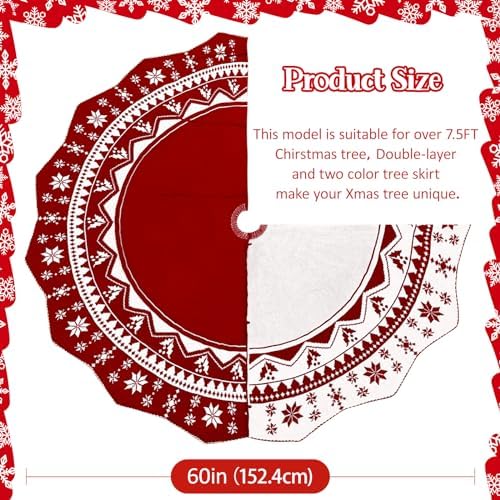 OurWarm Christmas Tree Skirt 60 Inch, Knit Red Tree Skirt with Poinsettia Pattern, Rustic Double-Sided Large Knitted Xmas Tree Skirt for Christmas Tree Indoor Holiday Party Christmas Decorations