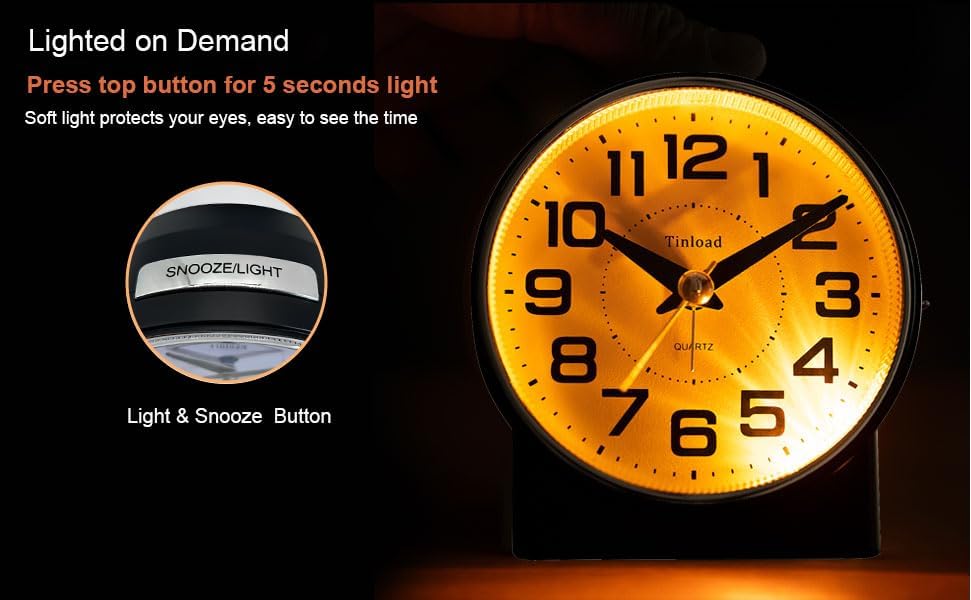 Tinload 4.3" No Ticking Analog Alarm Clock,Silent Readable for Seniors,Easy to Set,Gradual Rise Alarm,Big Numbers,On/Off Switch on Side,Gentle Wake,Snooze,Lighted on Demand,Battery Operated,Black