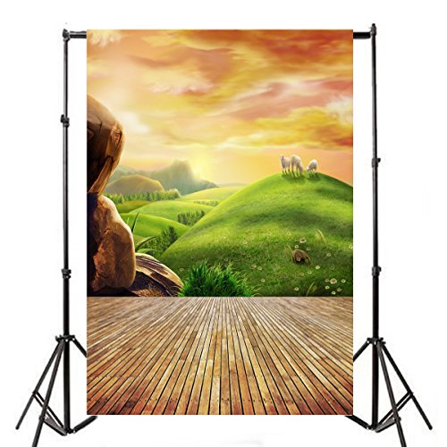AOFOTO 5x7ft Photography Backgrounds Photo Backdrop Dreamy Pastoral Scenery Cartoon Painting Rosy Clouds Sheep Grass Hillside Wood Floor Props Video Studio Baby Kid Artistic Portrait Vinyl Wallpaper - size: 5x7ft