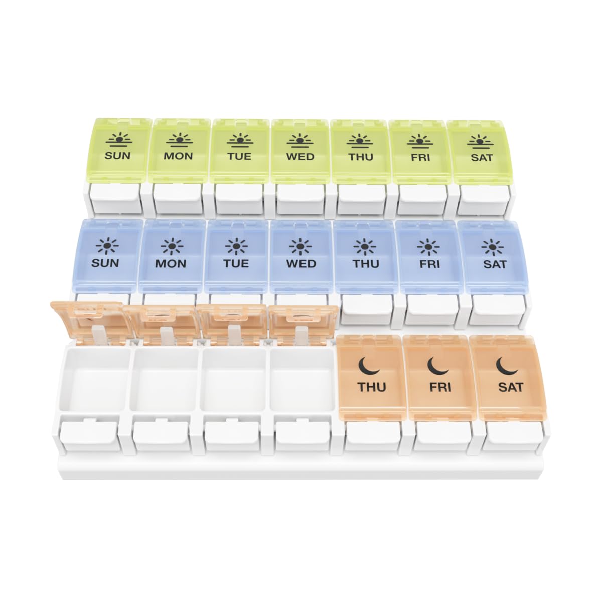 EZY DOSE Weekly (7-Day) Pill Case, Daily Medicine Planner, Vitamin Organizer Container, Large Push Button Compartments, Easy to Use, 3 Times a Day, Spring Open Design, Pastel Rainbow Lids, BPA Free