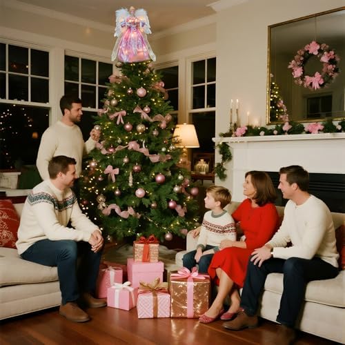 Moving Angel Tree Topper with Lights, 12’’ Pink, Separately Controlled Flapping Wings and Bright LEDs, 6 On / 18 Off Hours Cycle