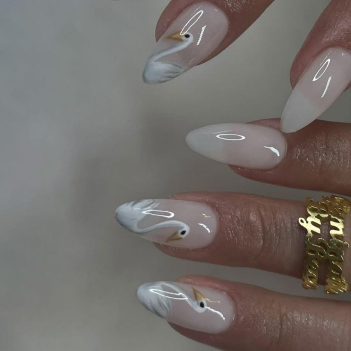 Nailora 24 Pcs White Swan Press On Nails | Almond Shape Stick On Nails | 3D Elegant Gel Glue False Nails | Ballet Aesthetic Manicure for Women