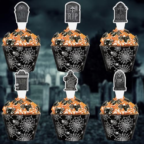 48 Pack Halloween Cupcake Toppers and Black Spider Web Wrappers, Tombstones Skeleton Cupcake Picks Decoration for Halloween Party Birthday Party Supplies - style: Halloween
