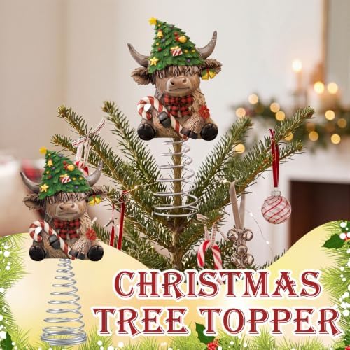 Gejoy Christmas Highland Cow Miniature Tree Topper 5.1 Inches Mini Resin Cattle Tree Top Decorations for Rustic Home Farmhouse Holiday Accents Party Decor, Thanksgiving Xmas Gift Ideals