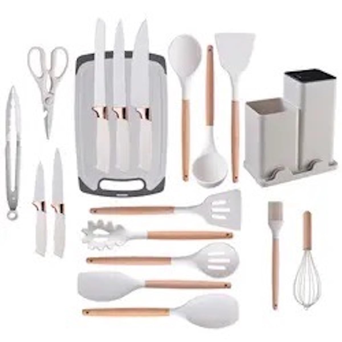 Kitchen Utensils Set & Knife Set with Block, 19 Piece All-in-One Cooking Set, 12 Nonstick Silicone Utensils + 5 Sharp Stainless Steel Chef Knives + Cutting Board, Dishwasher Safe Gift Set (White)