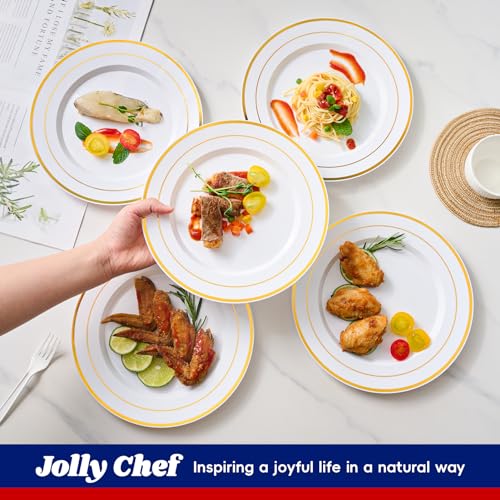 JOLLY CHEF 100 Pieces Gold Plastic Plates, 10 Inch Elegant Disposable Dinner White with Gold Rim, Disposable Plastic Plates for Christmas, Birthdays and Weddings - style: Gold-100