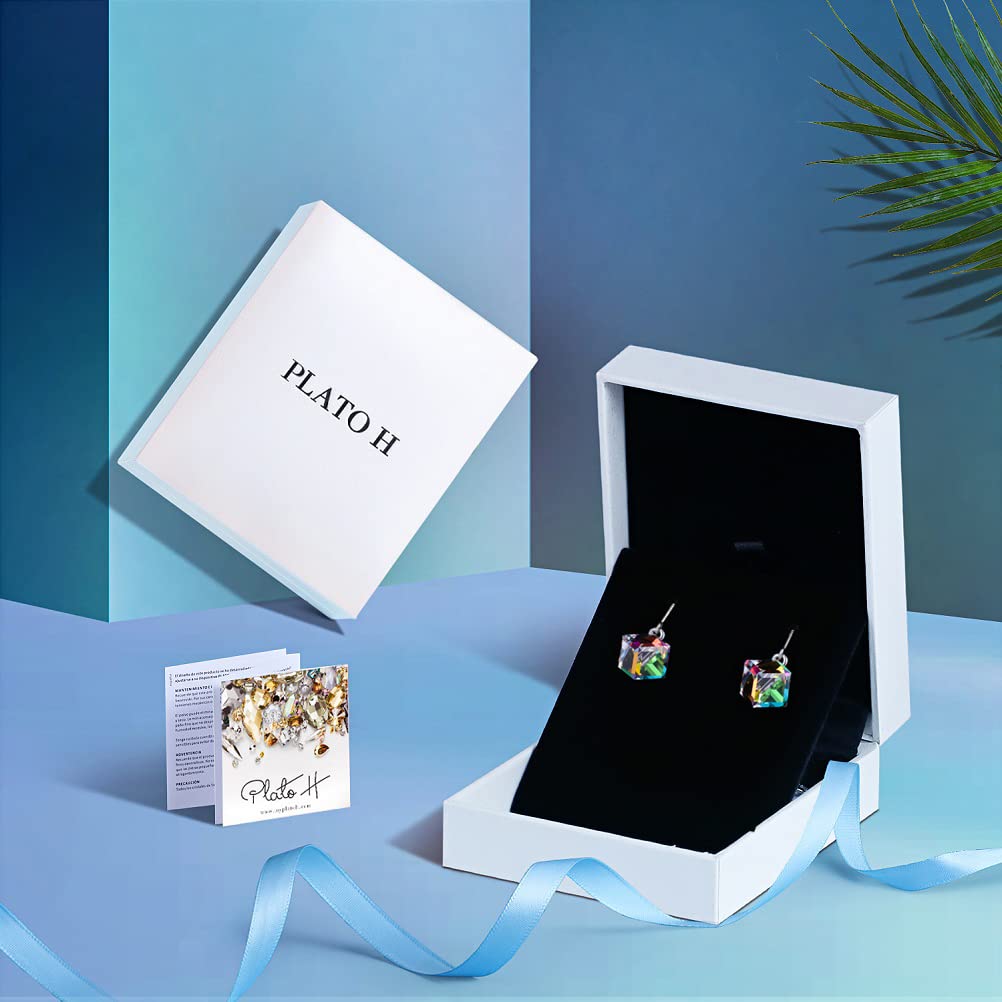 PLATO H S925 Sterling Silver Rainbow Cube Earrings Crystals for Women with Exquisite Unique Gift Box Dainty Jewelry Anniversary Unique Gift for Mother's Day