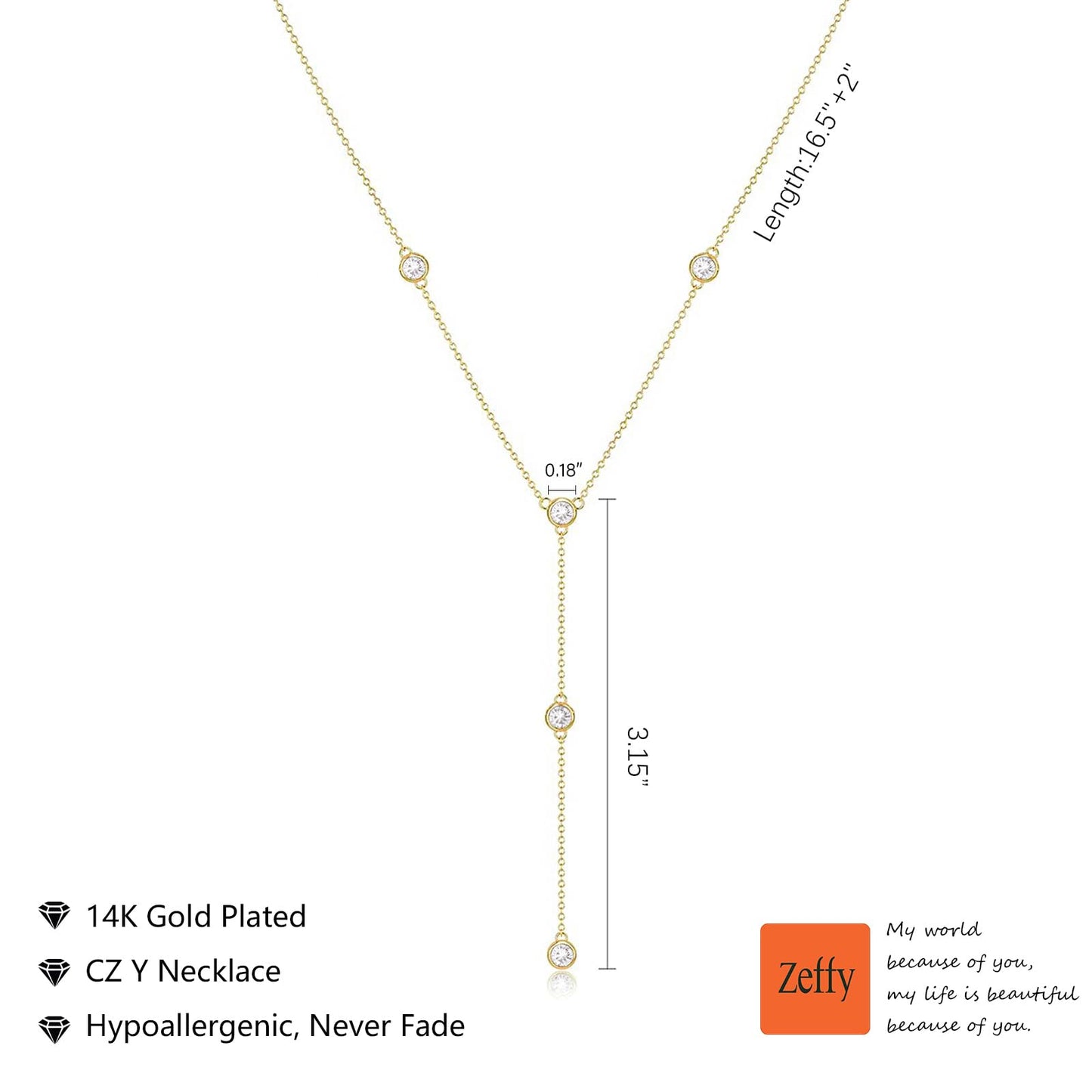 Zeffy Gold Necklace for Women- Dainty 14K Gold Plated Teardrop Drop Lariat Necklace Trendy Simple CZ Y-Shaped Body Chain Stack Wedding Prom Dangle Statement Necklace Jewelry Gifts