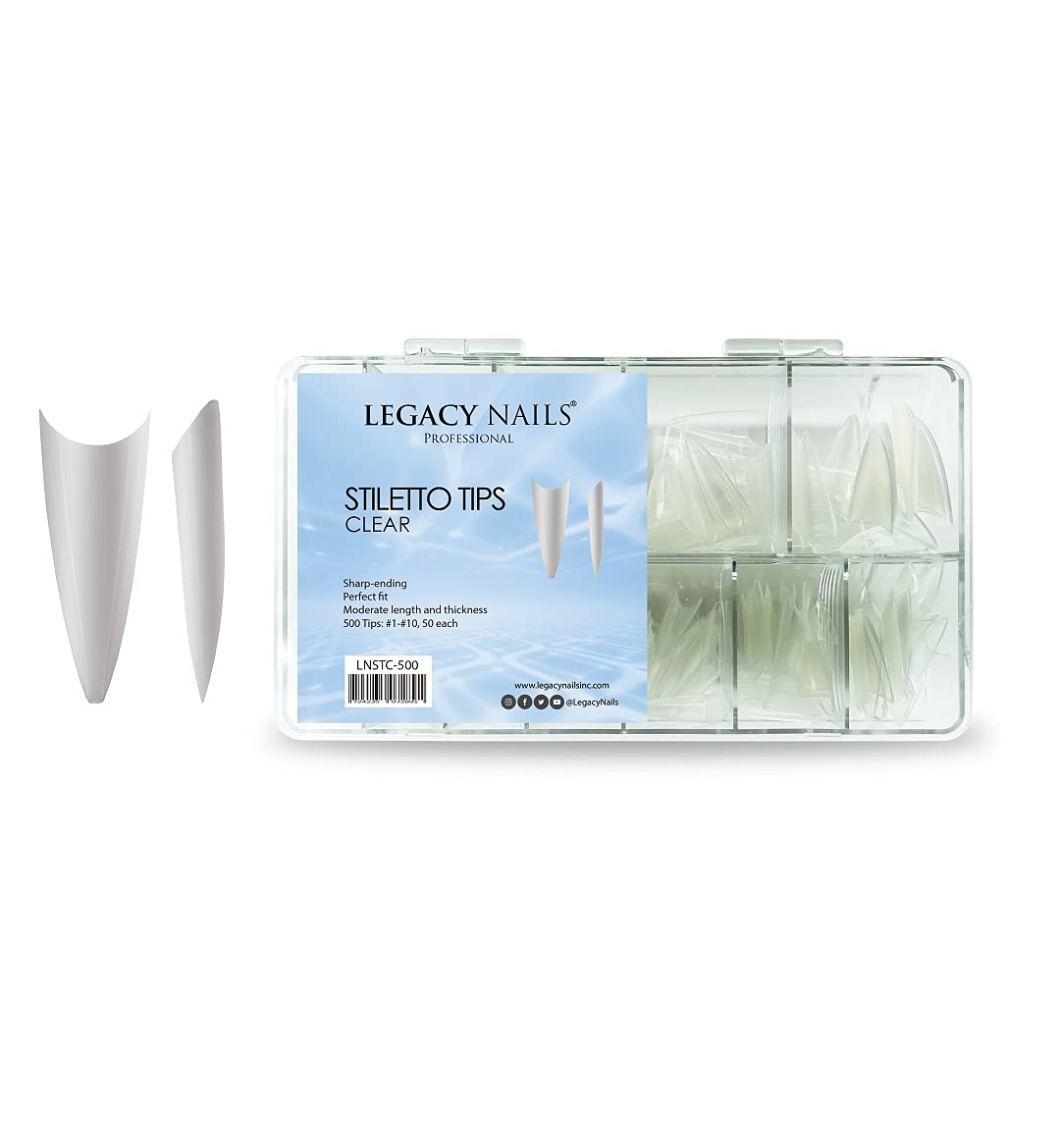 Legacy Nails Professional Nail Tips - Ideal for Acrylic, Gel or Smart Builder Gel Nails (Stiletto, Clear)