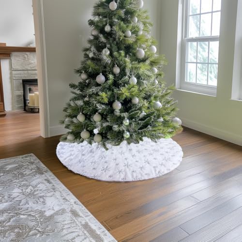 AOGU 36 Inch Sequin Faux Fur Christmas Tree Skirt Decoration for Merry Christmas Party White Plush Silver Sequin Snowflake Xmas Christmas Tree Skirt Decorations