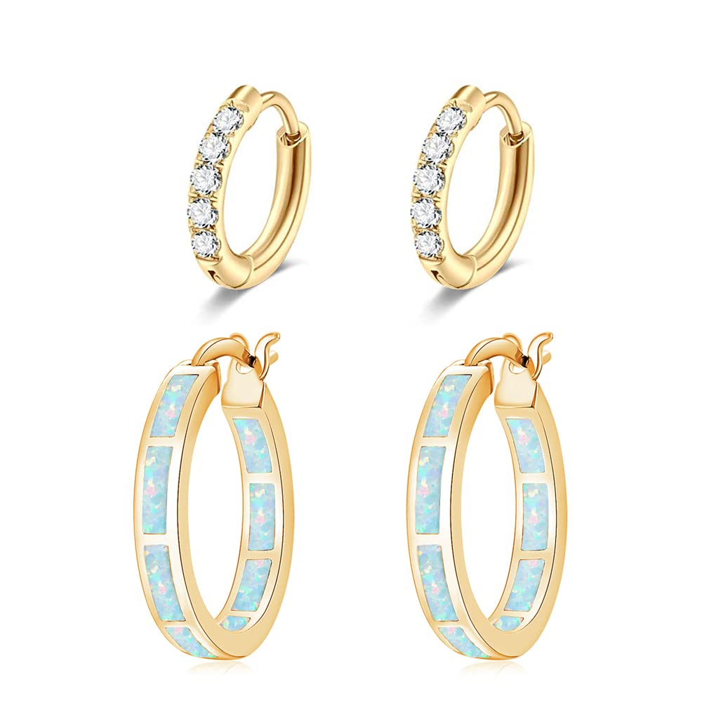 CiNily 2 Pairs Hoop Earring Set for Women Yellow Plated Opal Small Hoop Earring Hypoallergenic Cubic Zirconia Tiny Earrings
