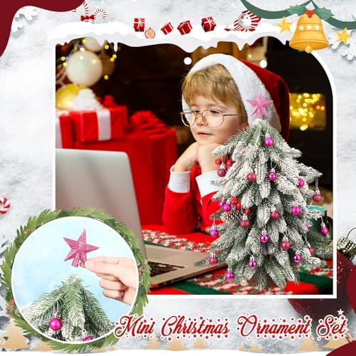 RoundFunny 25 Pcs Mini Christmas Balls Ornaments Set 0.79 Inch Christmas Day Ball Topper Star Tree Hanging Ornaments for Party Decoration(Rose Red)