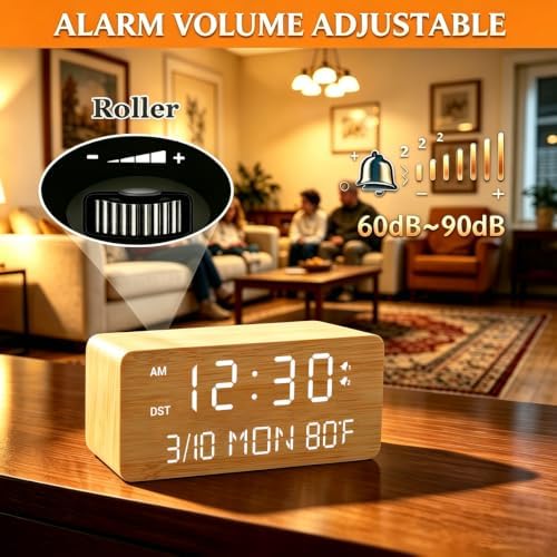 Andoolex Wooden Digital Alarm Clock with Wireless Charging, 0-100% Adjustable Brightness Dimmer and Alarm Volume, Weekday/Weekend Mode, Dual Alarm, Snooze, 12/24H, Wood LED Clock for Bedroom (Bamboo)