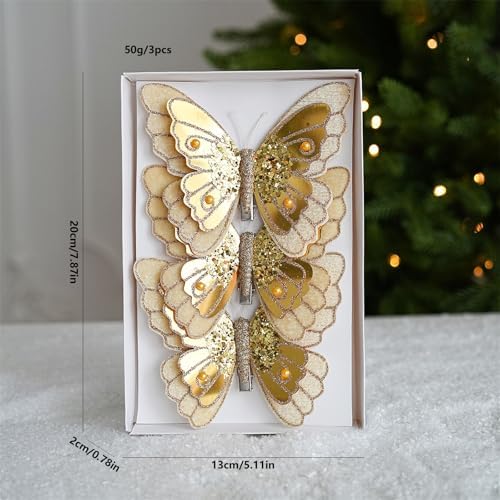 LEBETE Pack of 3 Double Layer Butterfly Christmas Tree Clips Accessory Elegant Fabric Ornaments for Holiday Decorations