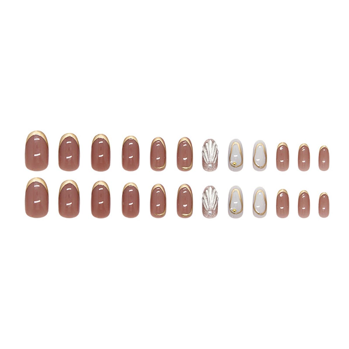 Summer SeaShell Press on Nails Medium Oval Fake Nails Pink White Nails Press ons with Gold Chrome Design Full Cover Stick on Nails for Women Beach Manicure,Reusalbe | Easy Apply | 24Pcs