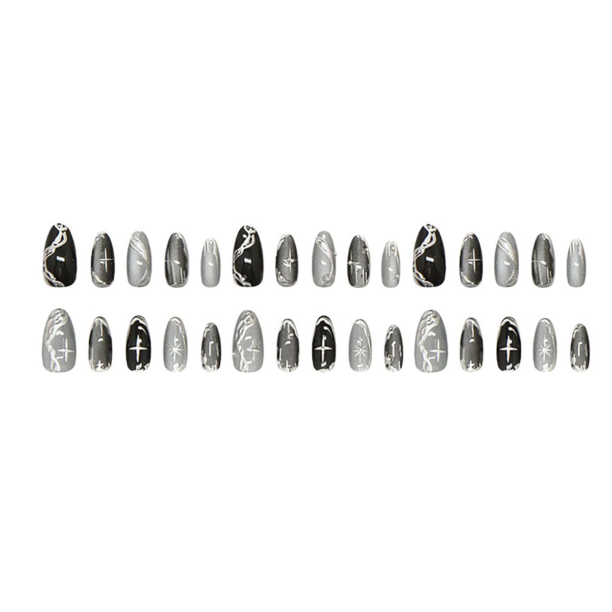 30Pcs Goth Press on Nails Medium Almond Fake Nails 3D Silver Alloy Chrome Star Glitter Design Dark Black Full Cover Glue on Nails Reusable Handmade Y2k False Nails for Women Acrylic Manicure Salon