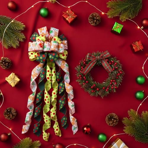 Suncalla 2 Pcs 44 x 13 Inch Large Christmas Tree Toppers Green Christmas Tree Ornaments Gingerbread Man Ribbon Bows Lime Green Glitter Polka Dot Wreath for Xmas Holiday Indoor Front Door Staircase
