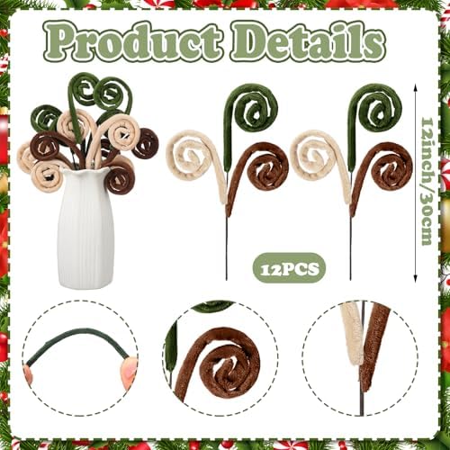 Daifunli 12 Pcs Curly Christmas Tree Velvet Decoration, White, Green, Brown