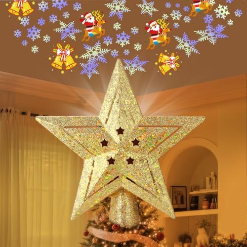 Christmas Tree Topper Star, 360?? Rotating LED Projector Light with 2 Patterns, Plug in Tree Topper for Christmas Decorations, Sparkling Glitter Iron Star for Xmas Holiday Home Party (Gold)