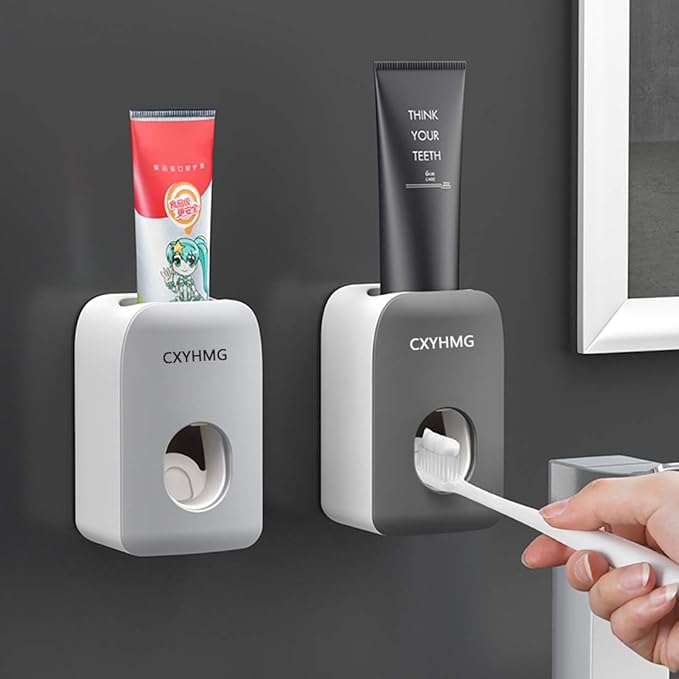 Automatic Toothpaste Dispenser for Kids, 2 PCS Toothpaste Squeezer for Kids & Family Shower Decor, is Wall Mounted Bathroom Accessories Organizer (Grey+Black, 2PACK)
