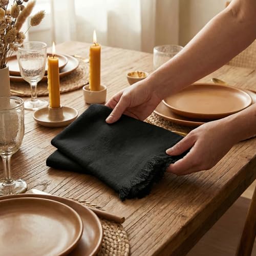 ACCENTHOME Black Cotton Linen Napkin Set of 12 18x18 inch Dinner Napkins - Washable Soft Premium Hotel Quality Reusable Hemmed Edges Napkins Perfect Table Linens for Family Dinners, Weddings - color: 08 - Black, size: 18"x18" - Pack of 12